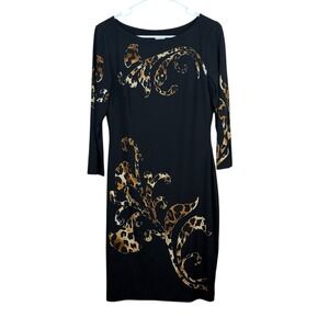 Cache Short Fitted Black‎ Dress w/Animal Print Details 3/4 Sleeves Stretchy SZ 8